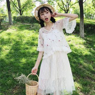 Set: V-neck Embroidered Elbow-sleeve Top + Midi Spaghetti Strap Dress