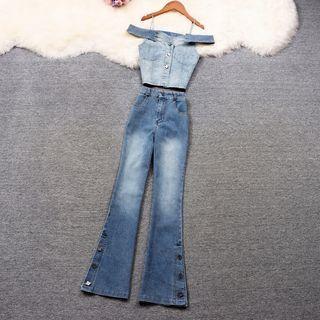 Set: Cold Shoulder Denim Top + Boot Cut Jeans