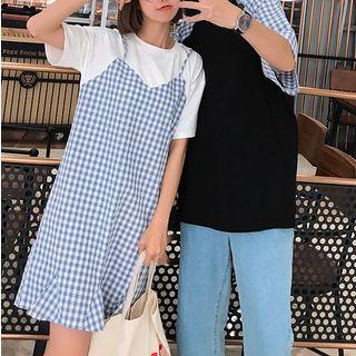 Couple Matching Elbow-sleeve Plaid Panel T-shirt / Short-sleeve Dress