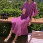 V-neck Tie-waist Linen Blend Dress Violet - One Size