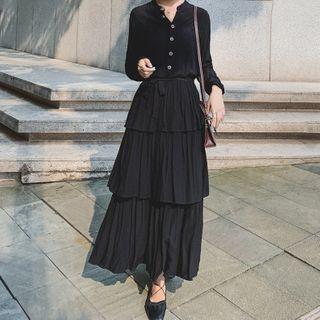 Buttoned Long-sleeve Midi Tiered Dress