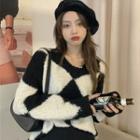 Two Tone Fluffy Knit Top Black & White - One Size