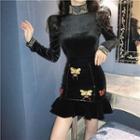 Rhinestone Velvet Turtle-neck Long-sleeve Top / Butterfly Skirt
