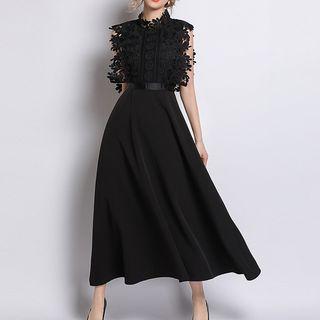 Crochet Lace Panel Sleeveless A-line Evening Dress