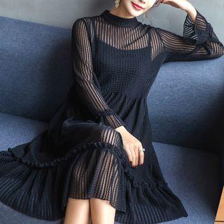 Set: Plain Slipdress + Mock-neck Long-sleeve Midi Dress