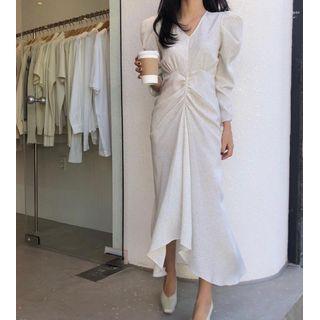 Long-sleeve Print Ruched Midi Mermaid Dress White - One Size
