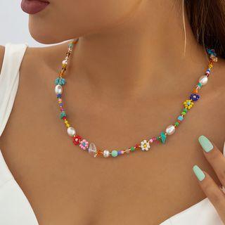 Flower Faux Pearl Faux Crystal Necklace 5138 - Silver - One Size