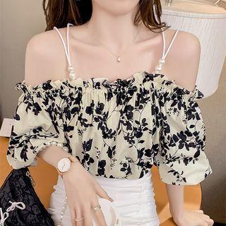 Short-sleeve Off-shoulder Beaded Floral Blouse