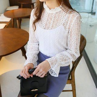 Frill-neck Ruffle-cuff Lace Top
