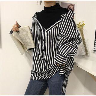 Mock Two-piece Mock-neck Striped Panel Shirt