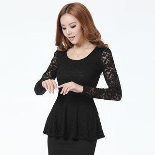 Lace Panel Ruffle Hem Top