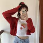 Crop Cardigan / French Fries Print Short-sleeve Crop T-shirt