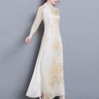 3/4-sleeve Floral Print Maxi Qipao Dress