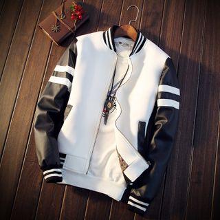 Faux Leather Panel Striped Zip Jacket
