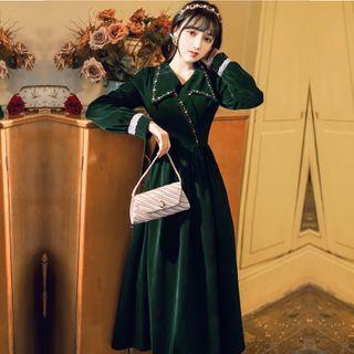Long-sleeve Embellished Collared Midi A-line Velvet Dress