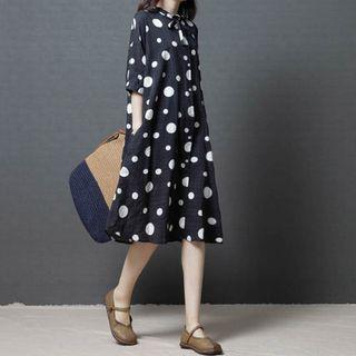Spot Print Elbow-sleeve A-line Midi Dress