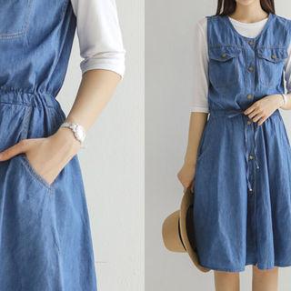 Sleeveless Drawstring-waist Denim Shirtdress