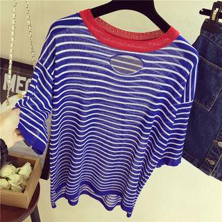 Striped Cut Out Front Elbow Sleeve T-shirt