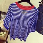 Striped Cut Out Front Elbow Sleeve T-shirt