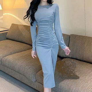 Long-sleeve Ruched Side-slit Midi Sheath Dress
