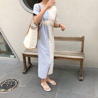 Color Block V-neck Short-sleeve Midi Shift Dress
