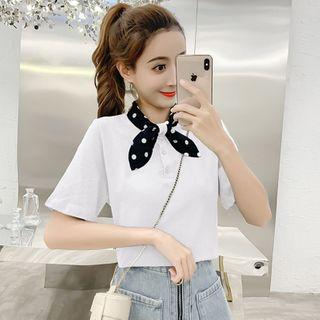 Short-sleeve Ribbon Bow Placket Top