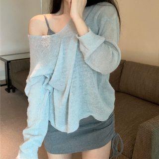 V-neck Knit Top / Spaghetti-strap Drawstring Mini Bodycon Dress
