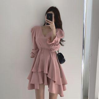 Long-sleeve Tiered Frill Trim A-line Mini Dress