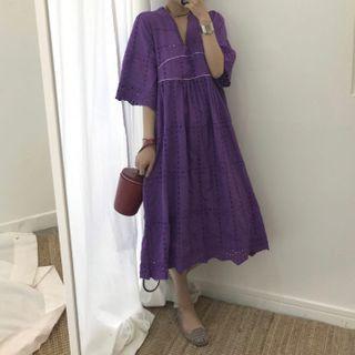 V-neck Elbow-sleeve Midi A-line Eyelet Dress Purple - One Size