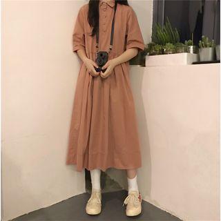 Elbow-sleeve Midi Collared Dress Light Brown - One Size