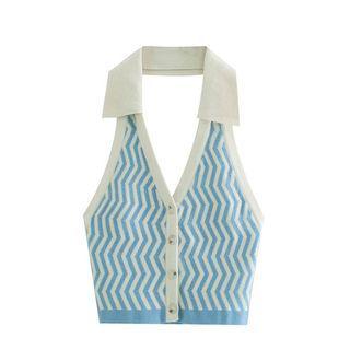 Collar Curve-striped Halter Top