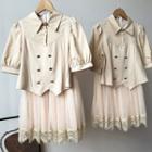 Set: Short-sleeve Double-breasted Blouse + High-waist Lace Panel Mesh Skirt