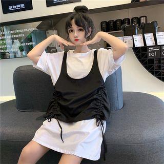 Set: Elbow-sleeve Drawstring T-shirt Dress + Tank Top