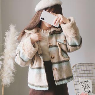 Fleece Stripe Buttoned Jacket As Shown In Figure - One Size