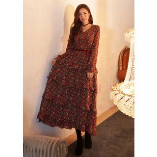 Tiered Floral Maxi Dress With Sash