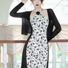 Set: Plain Cardigan + Halter Floral Midi Sheath Dress