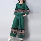 Set: 3/4-sleeve Patterned Top + Wide-leg Pants