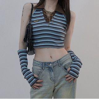 Set: Sleeveless Lace-up Striped Crop Top + Arm Sleeves