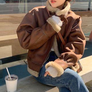 Long-sleeve Faux Fur Faux Leather Coat Coffee - One Size