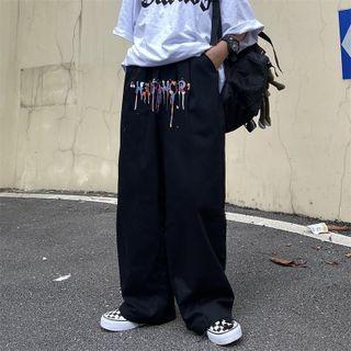 Letter Print Wide Leg Straight Cut Pants