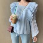 Long-sleeve Chiffon Blouse Light Blue - One Size