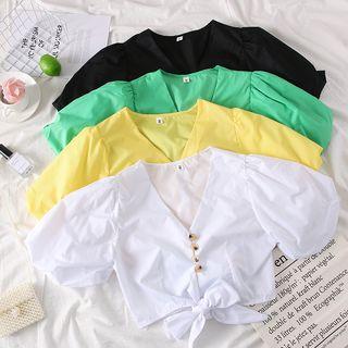 Ribbon-hem V-neck Crop Shirt