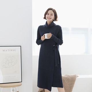 Turtle-neck Tie-waist Wool Blend Knit Dress