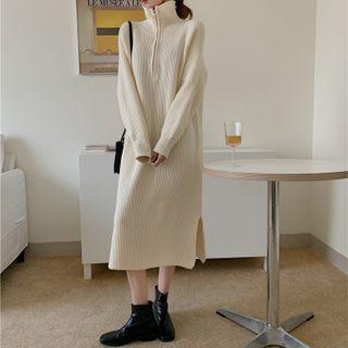 Turtleneck Plain Zip Ribbed Oversize Split Dress