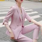 Set: Elbow-sleeve Double Breasted Blazer + Cropped Dress Pants