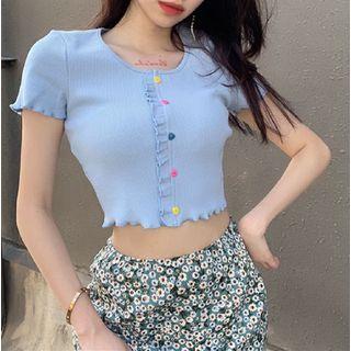 Short Sleeve Ruffled-trim Button-detail Cropped Top