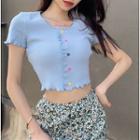 Short Sleeve Ruffled-trim Button-detail Cropped Top