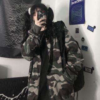 Hooded Camouflage Print Zip Jacket