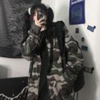 Hooded Camouflage Print Zip Jacket