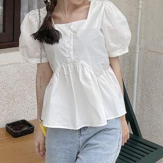 Short-sleeve Square-neck Cutout-back Plain Blouse